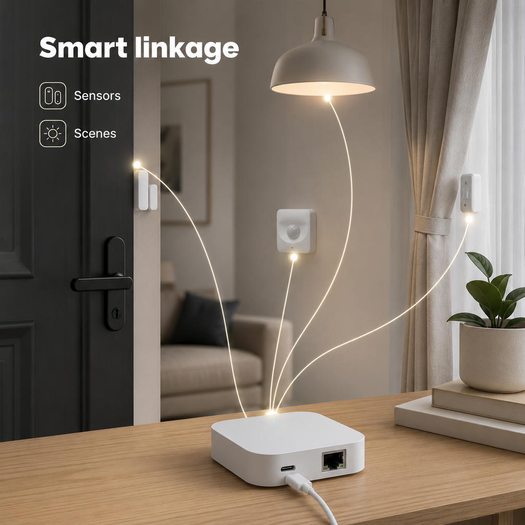 Automatisation entre capteurs, porte, rideaux et éclairage connecté.