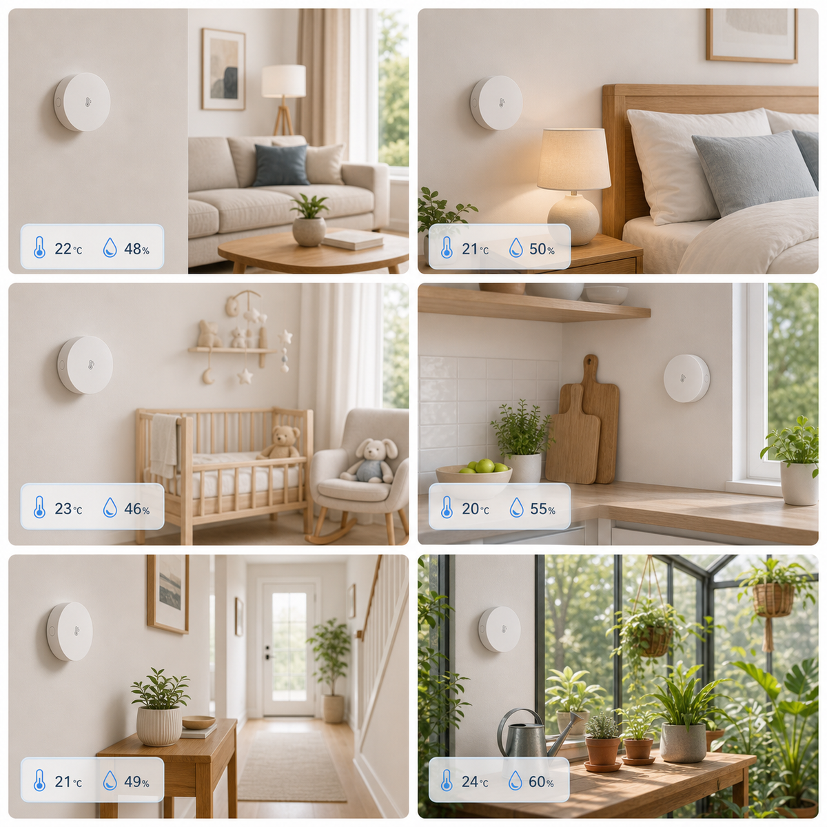 Multi room monitoring collage with compact Zigbee temperature and humidity sensor