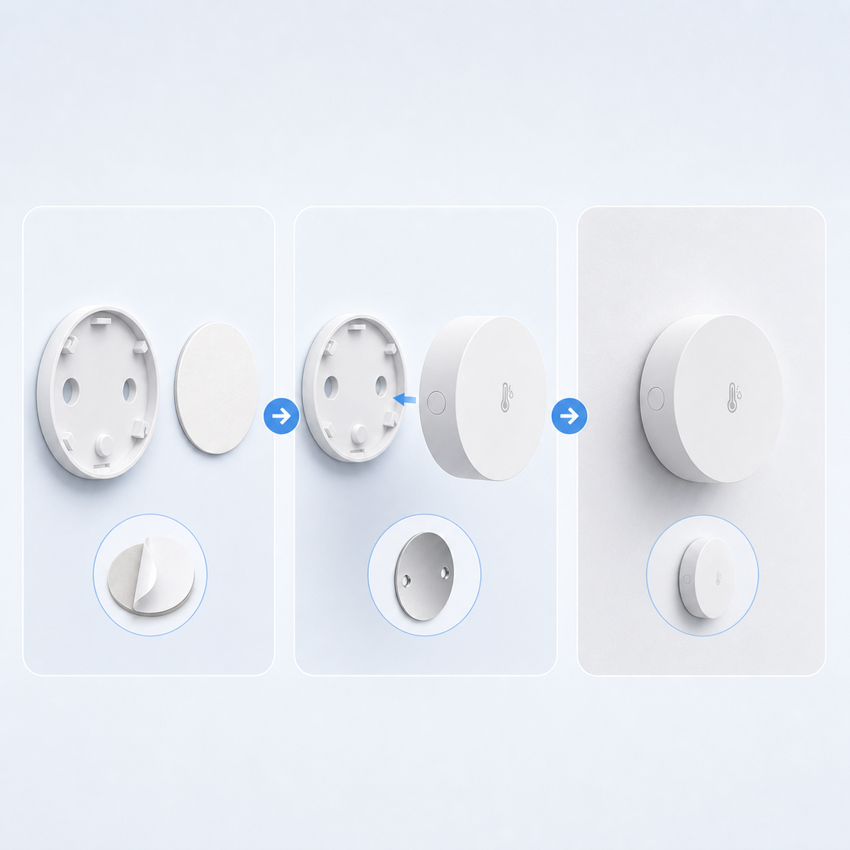 Three step mounting illustration for compact Zigbee temperature and humidity sensor