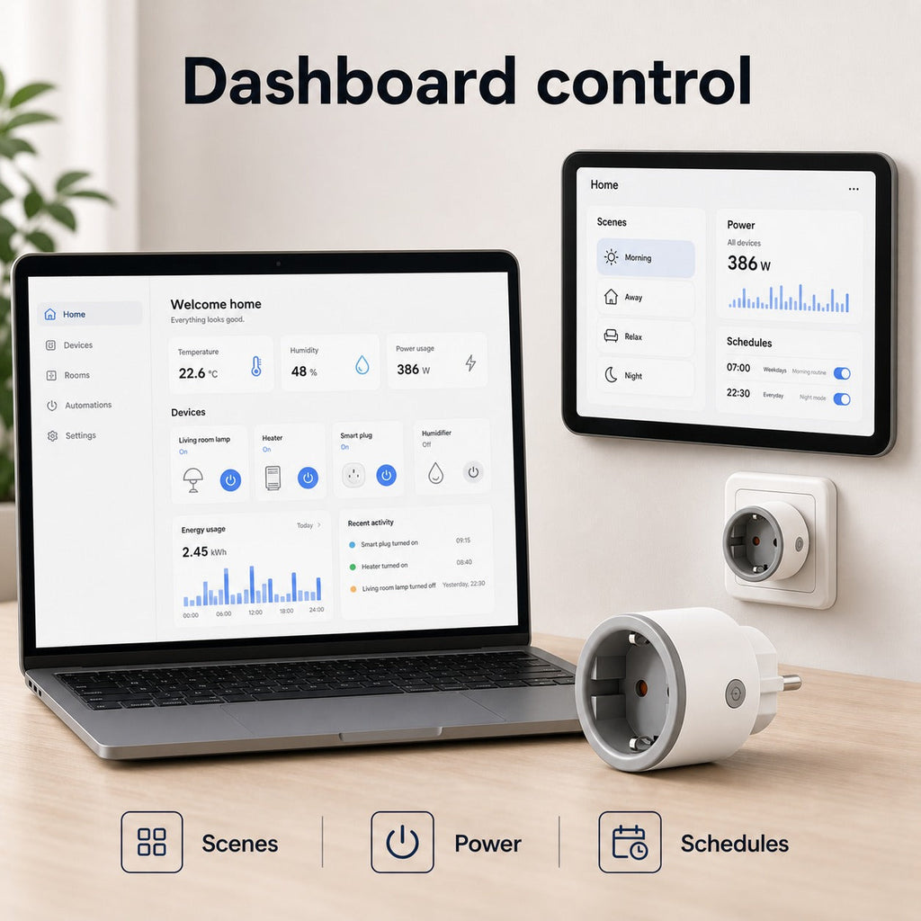 Generic dashboard control for Wi-Fi smart plug with scenes power and schedules
