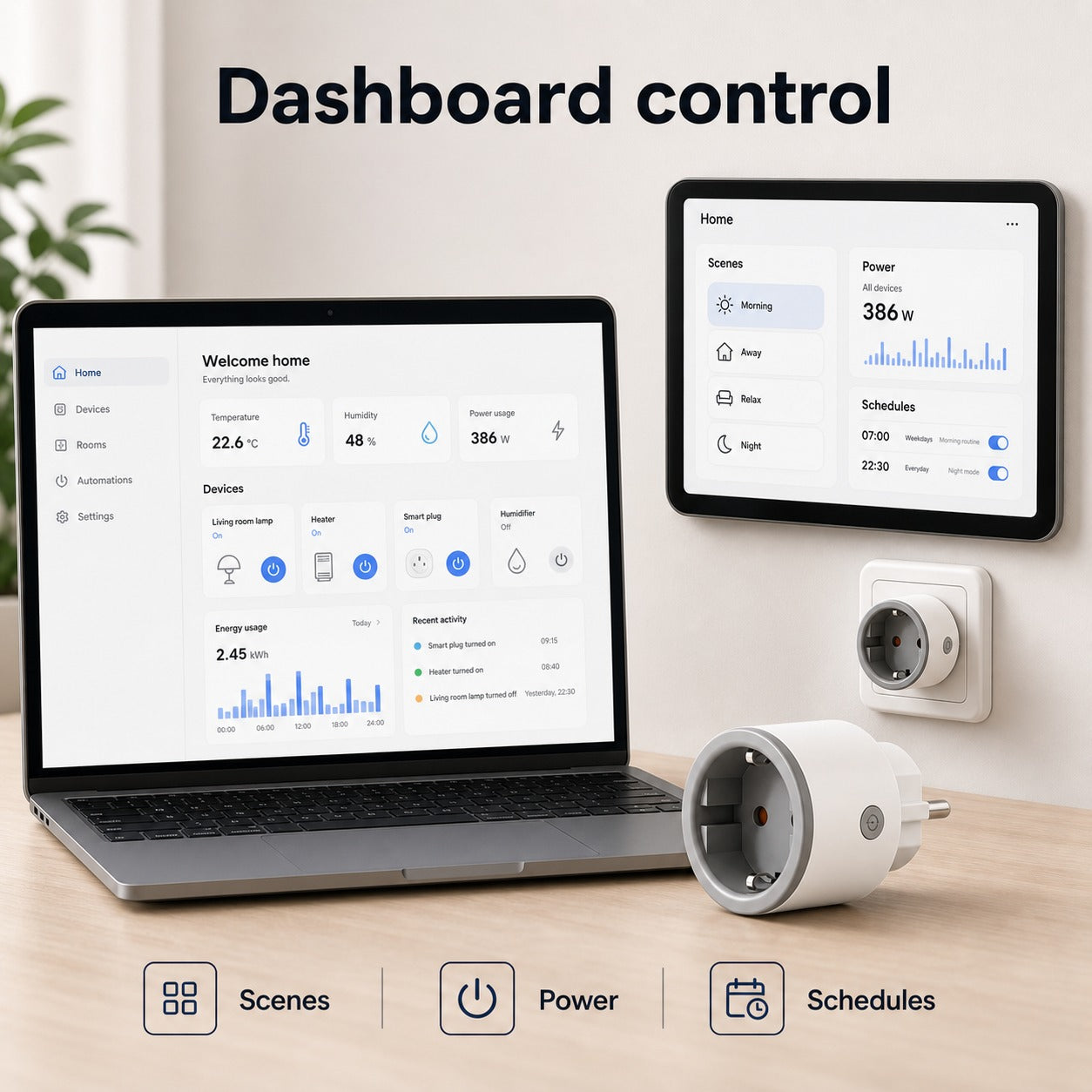 Generic dashboard control for Wi-Fi smart plug with scenes power and schedules