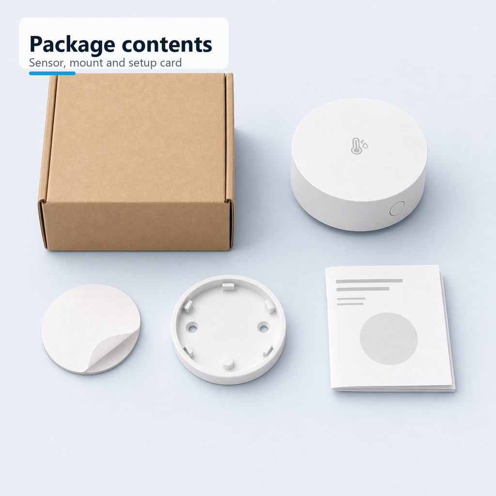 Package contents for compact Zigbee temperature and humidity sensor with accessories