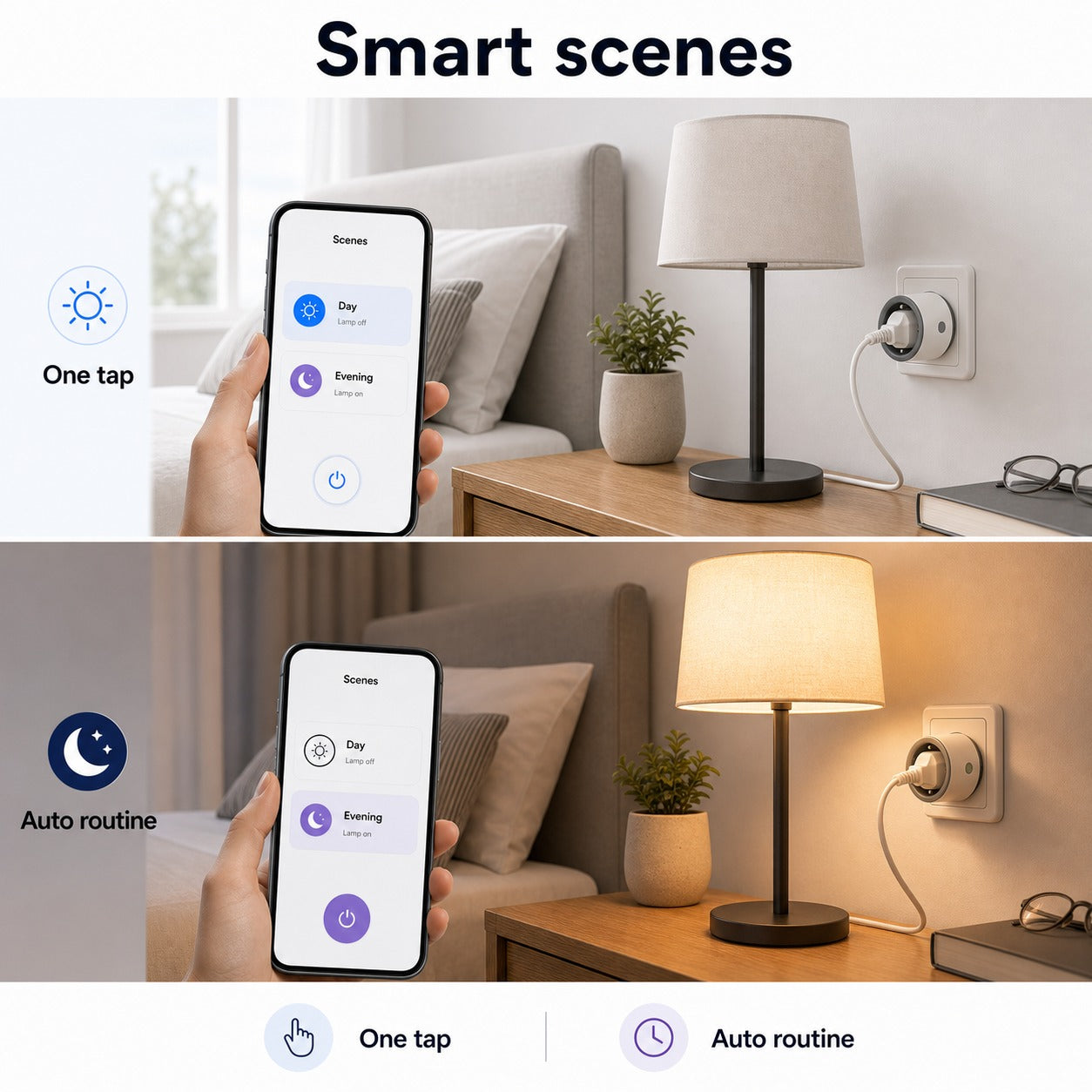 Smart scenes for bedside lamp controlled by Type F Wi-Fi smart plug