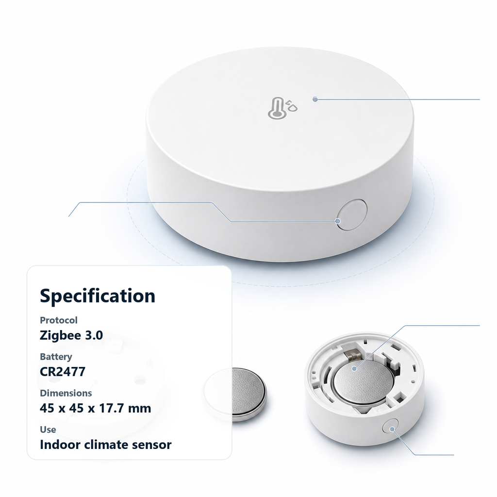 Technical specification layout for compact Zigbee temperature and humidity sensor