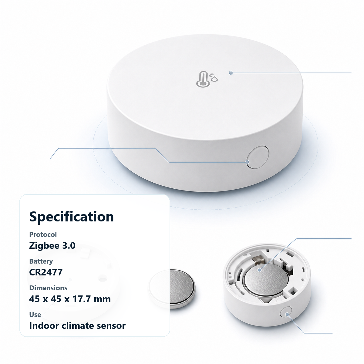 Technical specification layout for compact Zigbee temperature and humidity sensor