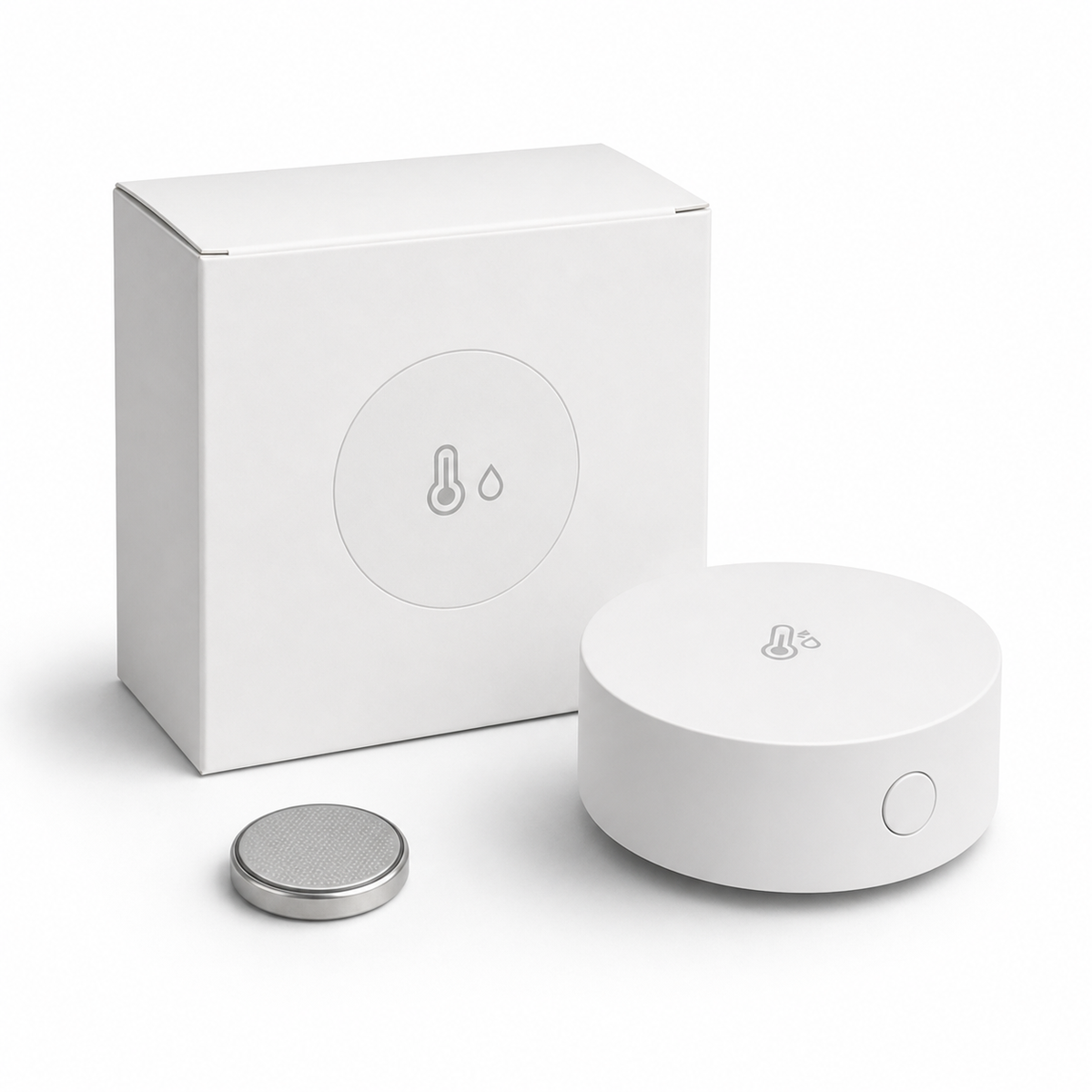Studio packshot of unbranded compact Zigbee climate sensor with plain box