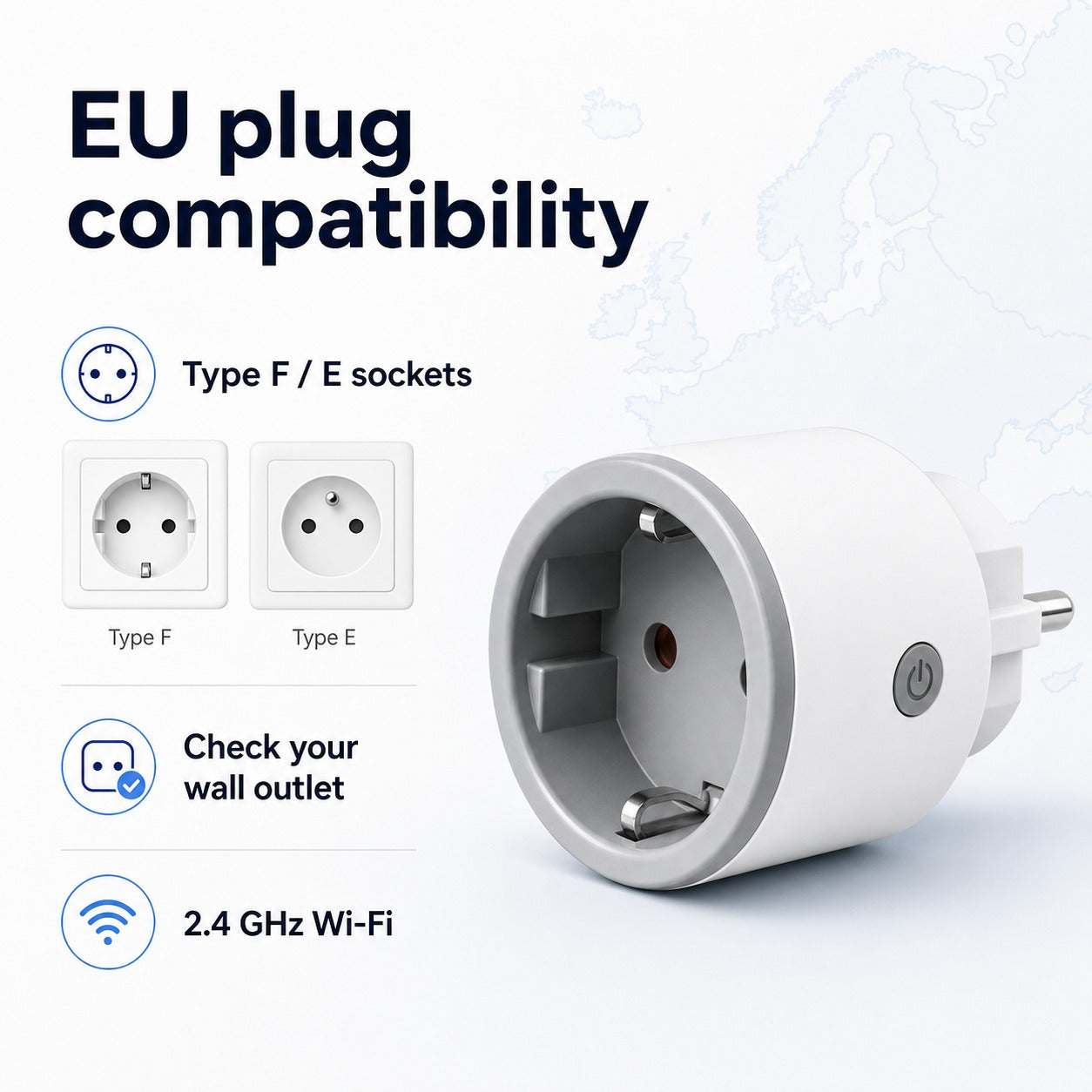EU plug compatibility image for Type F and Type E Wi-Fi smart plug