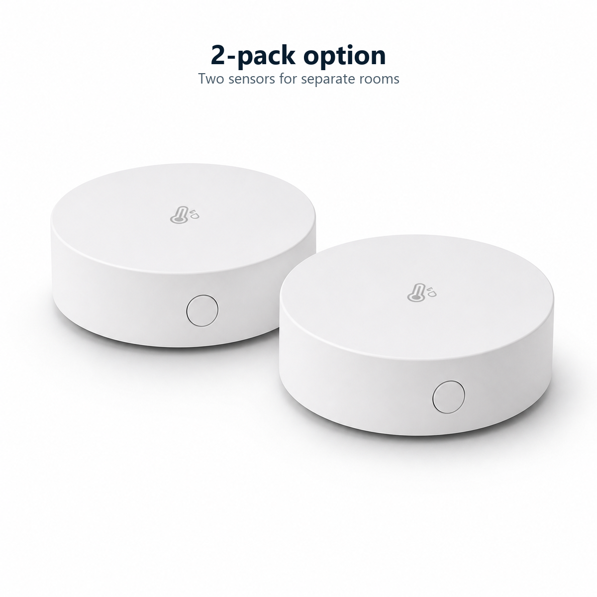 Studio packshot of two compact Zigbee temperature and humidity sensors for two pack option
