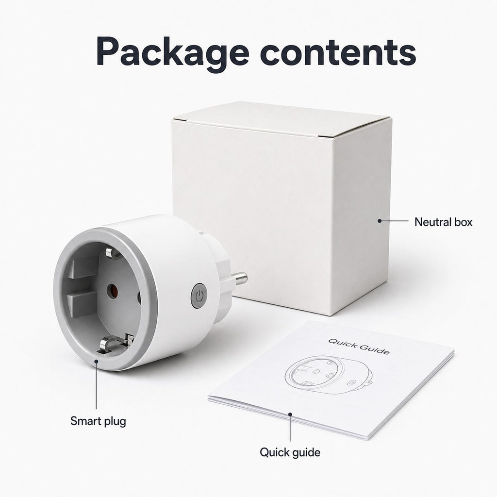 Package contents with Wi-Fi smart plug neutral box and quick guide