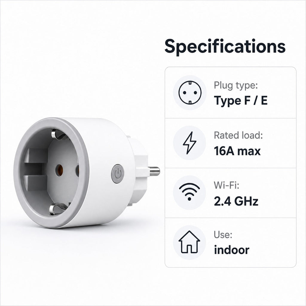 Specifications panel for Type F Wi-Fi smart plug 16A and 2.4 GHz Wi-Fi