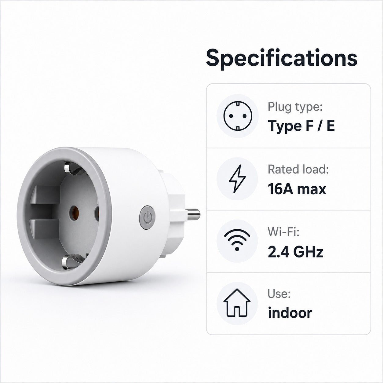 Specifications panel for Type F Wi-Fi smart plug 16A and 2.4 GHz Wi-Fi