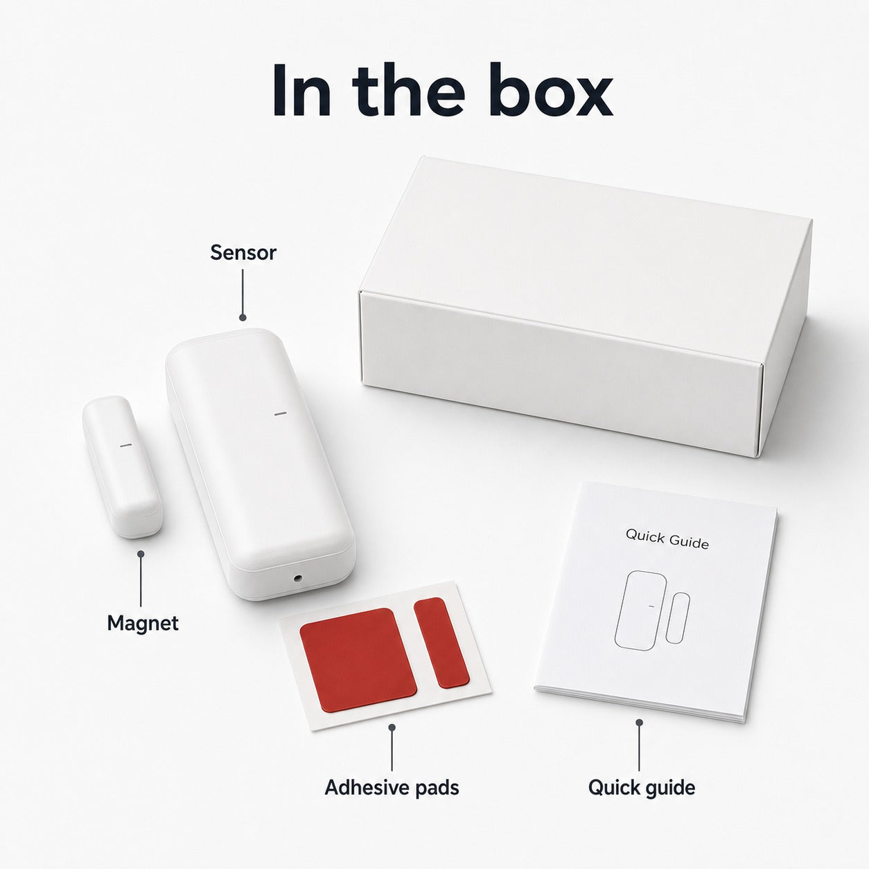 Package contents for ZigBee door sensor with sensor magnet adhesive pads and quick guide