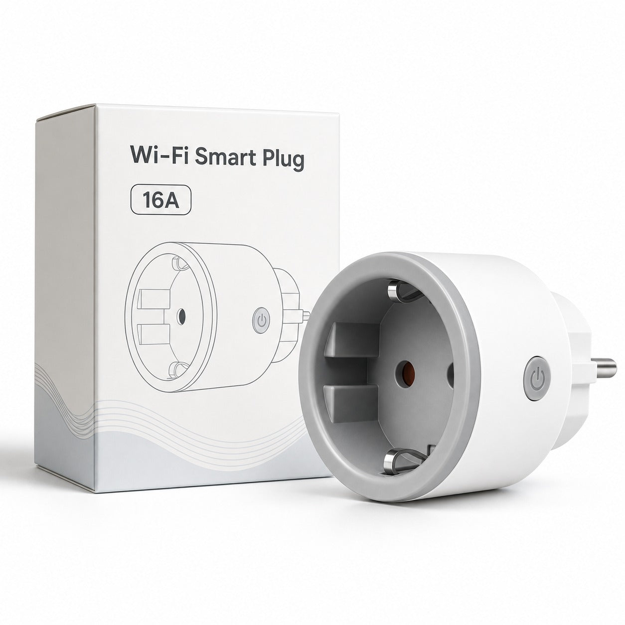 Studio packshot of Type F Wi-Fi smart plug with neutral retail box