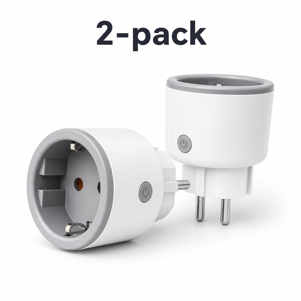 Two pack of white Type F Wi-Fi smart plugs on white studio background