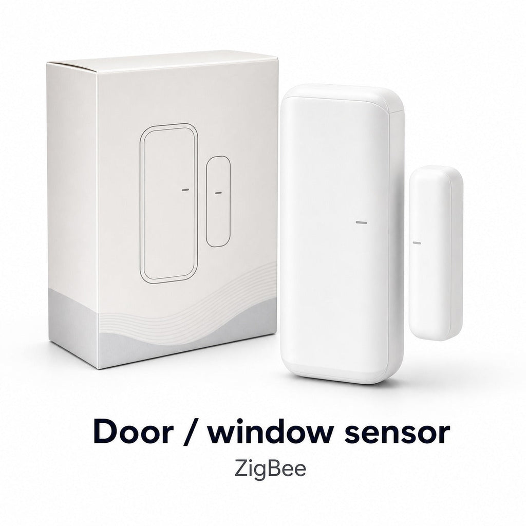 Studio packshot of ZigBee door and window sensor with neutral retail box
