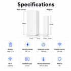 Specifications card for Wi-Fi door and window contact sensor