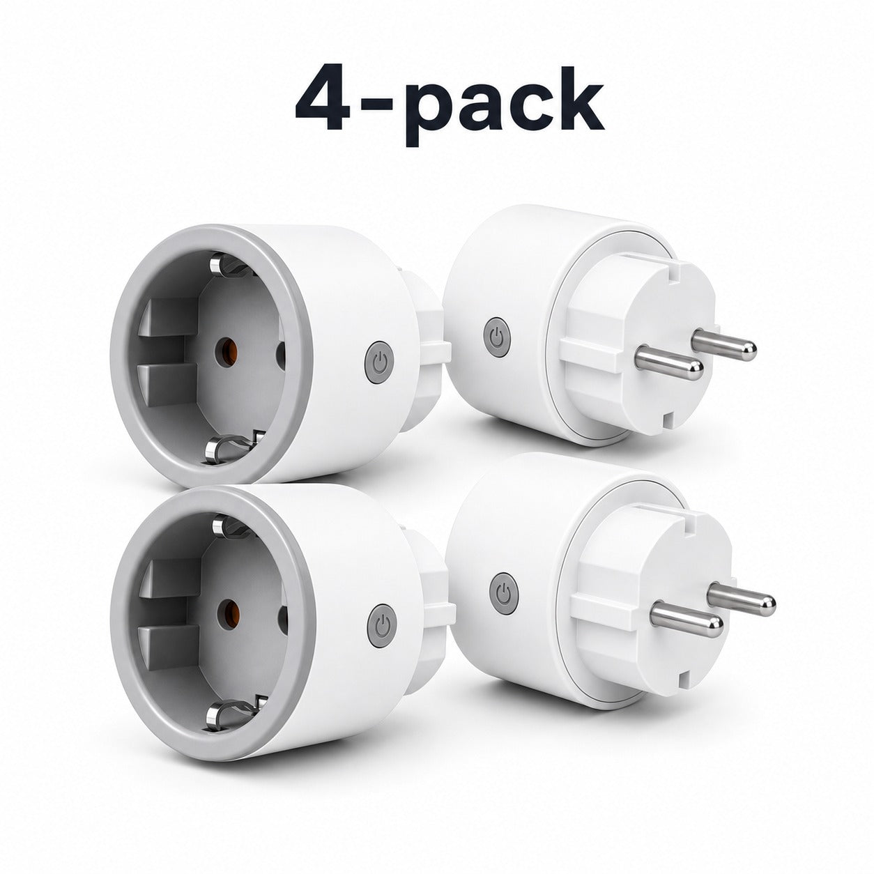 Four pack of white Type F Wi-Fi smart plugs on white studio background