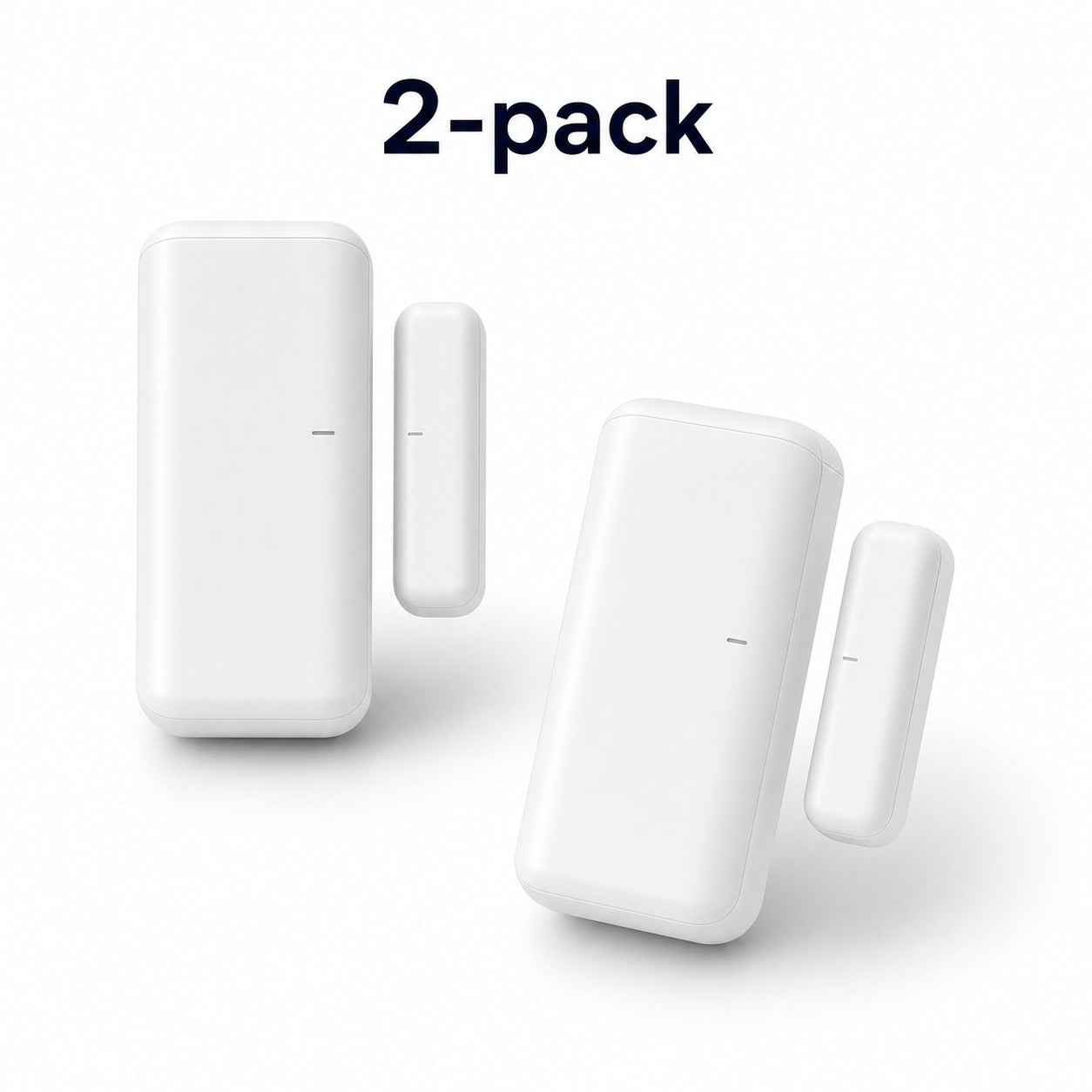 Two pack of white ZigBee door and window opening sensors on studio background