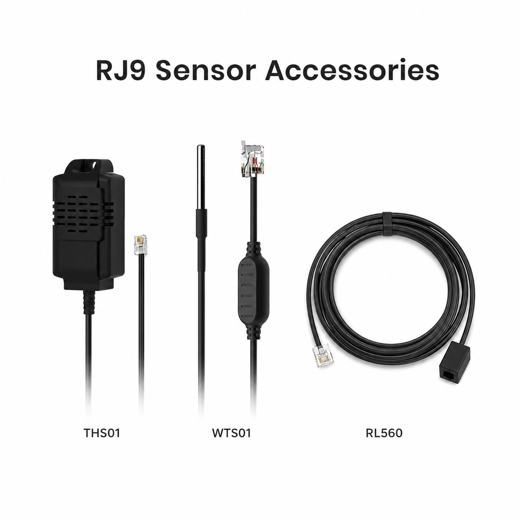 Accessoires capteurs RJ9 NeoSense TH Pro avec capteur THS01, sonde WTS01 et rallonge RJ9 RL560 noirs sur fond blanc