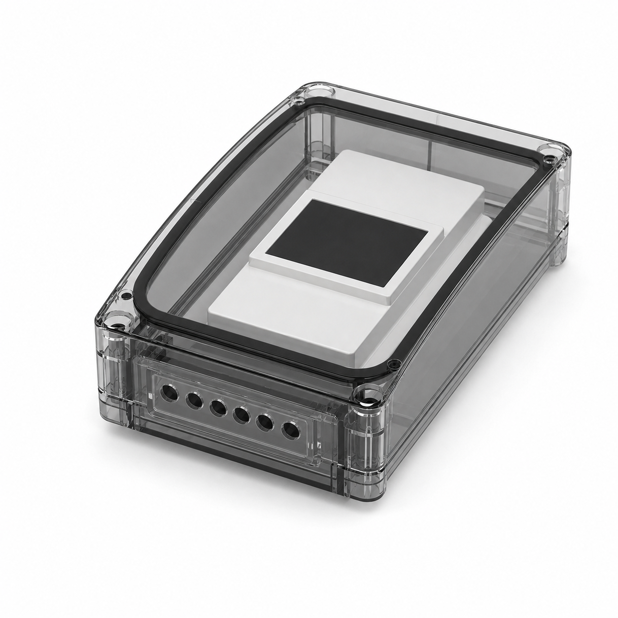 Boîtier étanche extérieur NeoBox Outdoor Pro transparent fumé avec couvercle fermé, module blanc intégré et entrées de câbles sur fond blanc