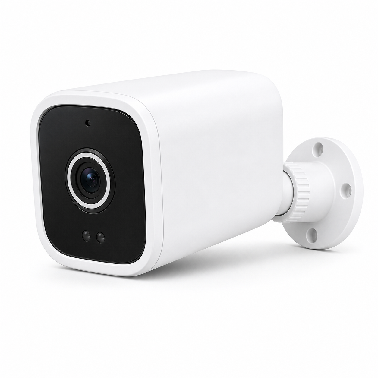 Caméra de surveillance extérieure NeoCam Outdoor Pro 2K IP65 blanche avec objectif noir, fixation murale et design compact sur fond blanc