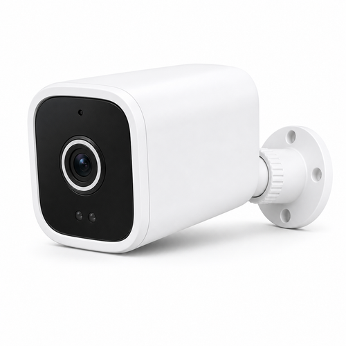 Caméra de surveillance extérieure NeoCam Outdoor Pro 2K IP65 blanche avec objectif noir, fixation murale et design compact sur fond blanc