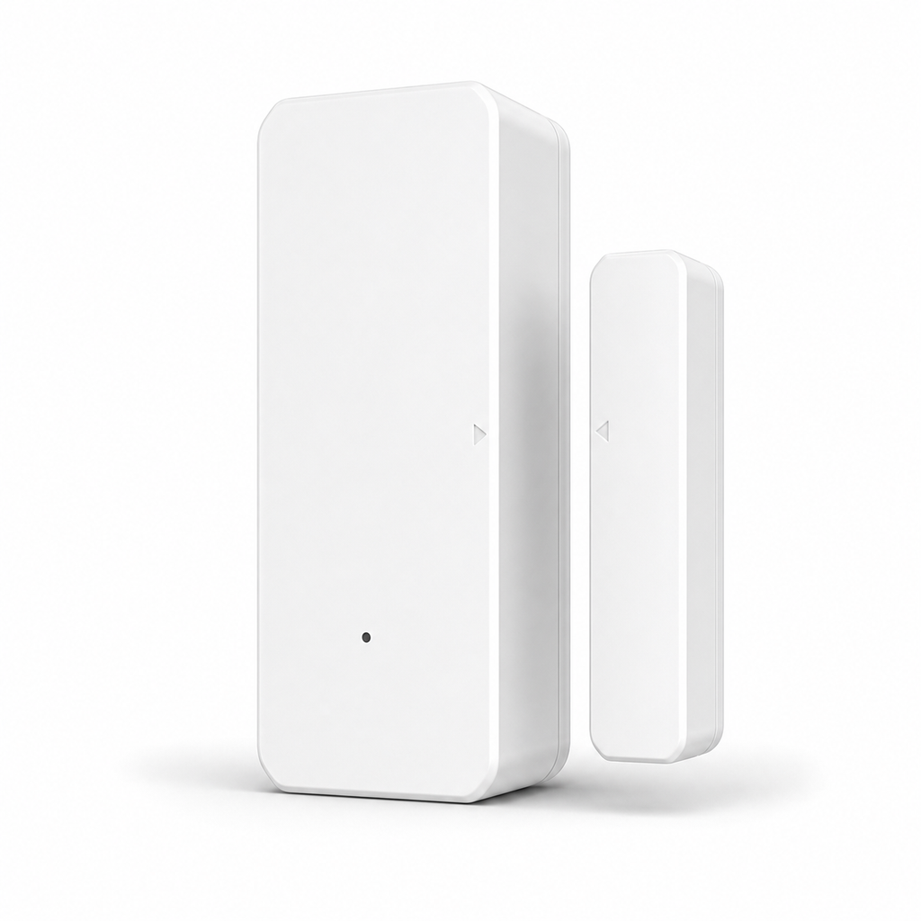 Capteur d’ouverture porte et fenêtre NeoSense Door Pro blanc avec aimant séparé, voyant LED et repères d’alignement sur fond blanc