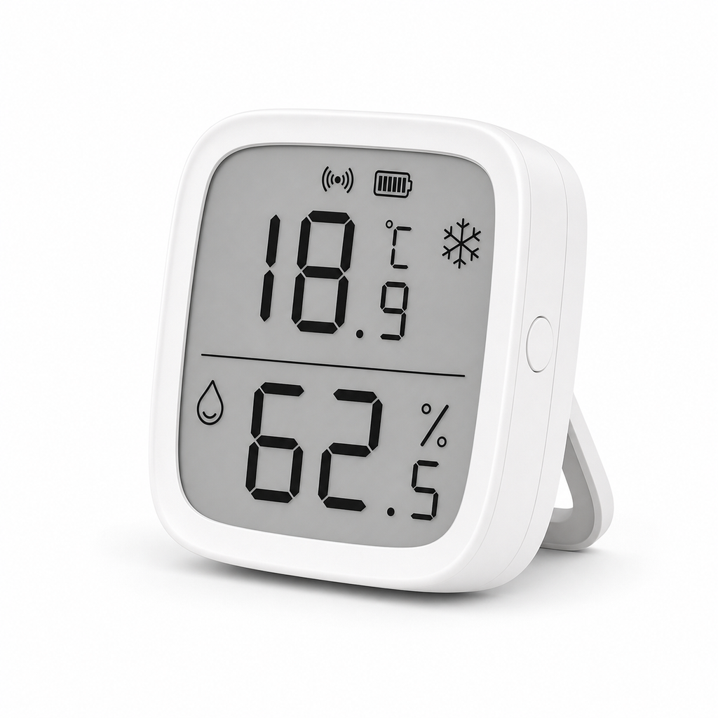 Capteur de température et d’humidité Zigbee NeoSense Climate Pro blanc avec écran LCD affichant 18,9 °C et 62,5 % d’humidité, icônes batterie et signal sans fil sur fond blanc