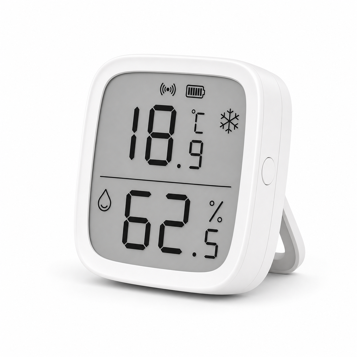 Capteur de température et d’humidité Zigbee NeoSense Climate Pro blanc avec écran LCD affichant 18,9 °C et 62,5 % d’humidité, icônes batterie et signal sans fil sur fond blanc