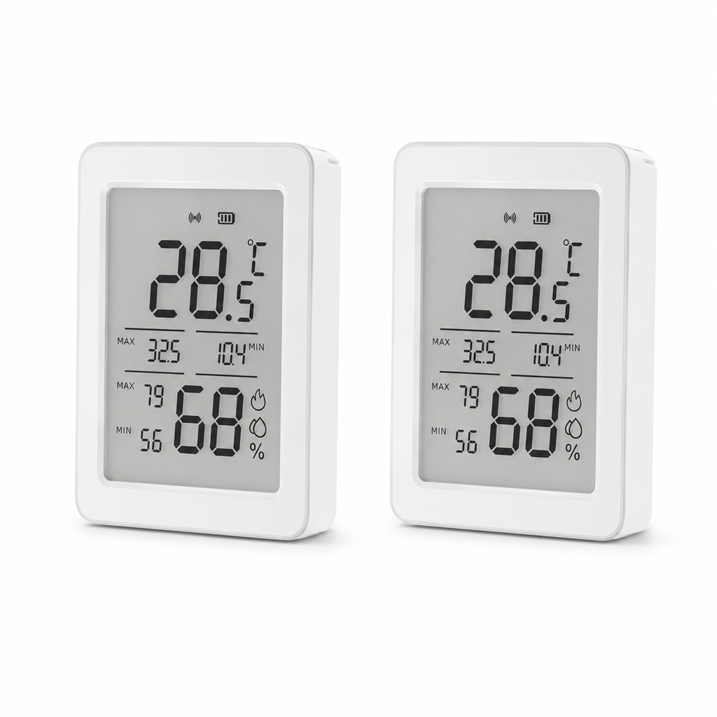 Lot de 2 capteurs de température et humidité Zigbee avec écran LCD, boîtiers blancs sur fond blanc