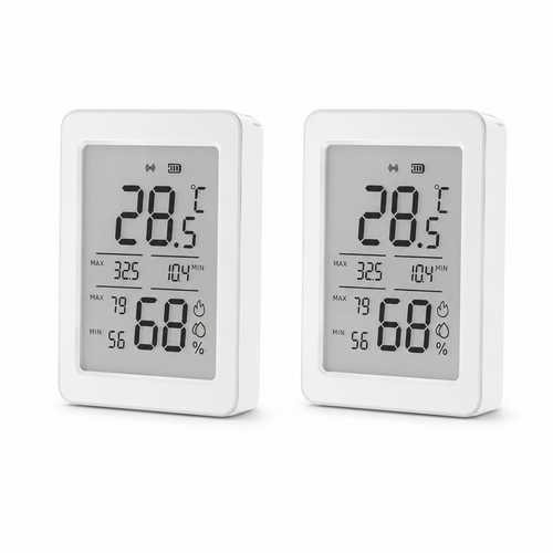 Lot de 2 capteurs de température et humidité Zigbee avec écran LCD, boîtiers blancs sur fond blanc