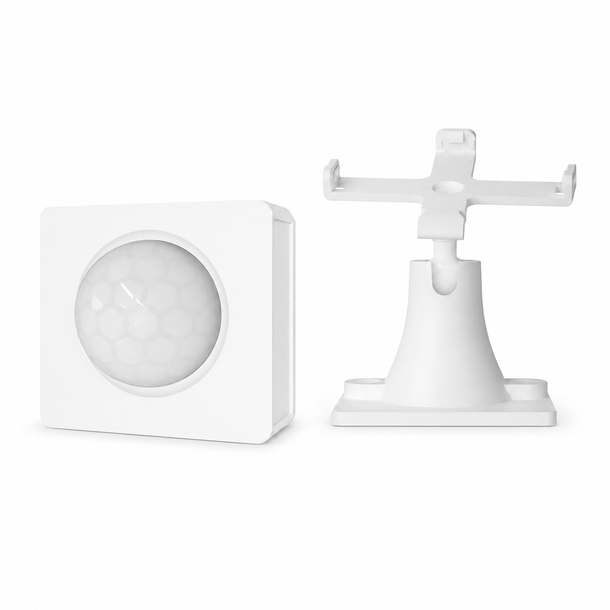 Détecteur de mouvement PIR sans fil avec support mural orientable blanc sur fond blanc