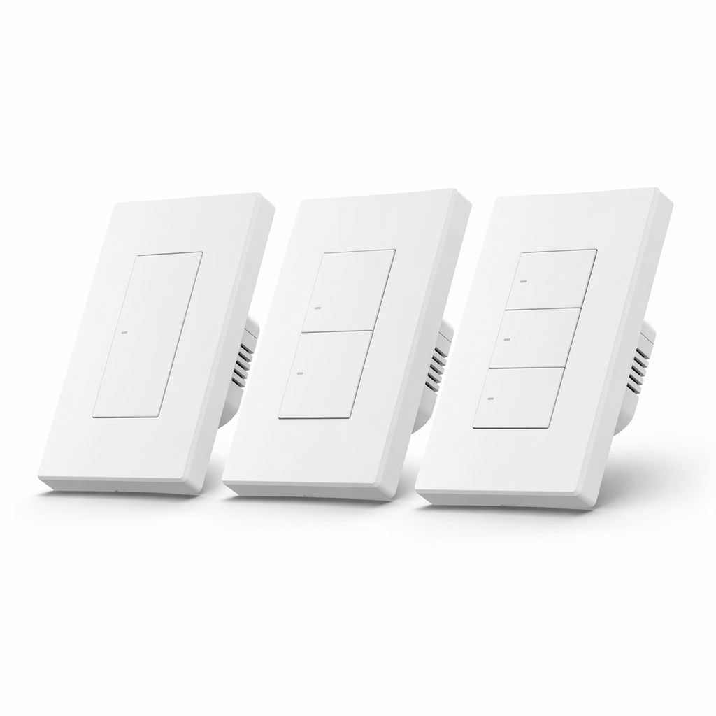 Trois interrupteurs muraux blancs modernes avec 1, 2 et 3 boutons, design épuré pour contrôler l’éclairage intérieur.