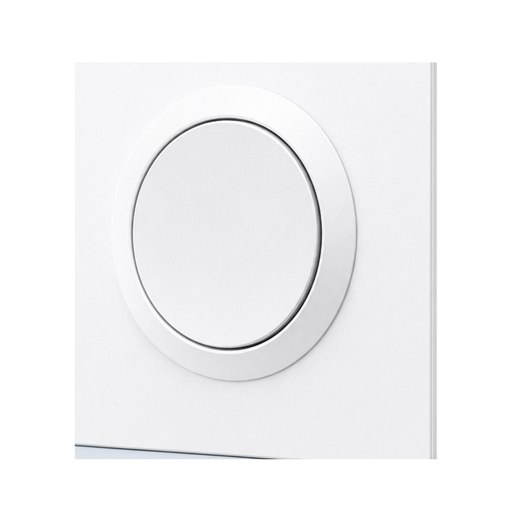Gros plan d’un interrupteur mural NeoCase E1GS Pro blanc avec bouton rond central, au design minimaliste pour contrôler l’éclairage de la maison.