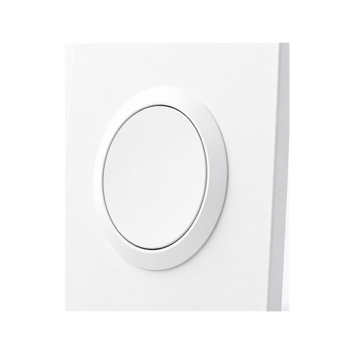 Interrupteur mural blanc NeoCase E1GSL Pro avec bouton rond central, design minimaliste pour commande d’éclairage intérieur.