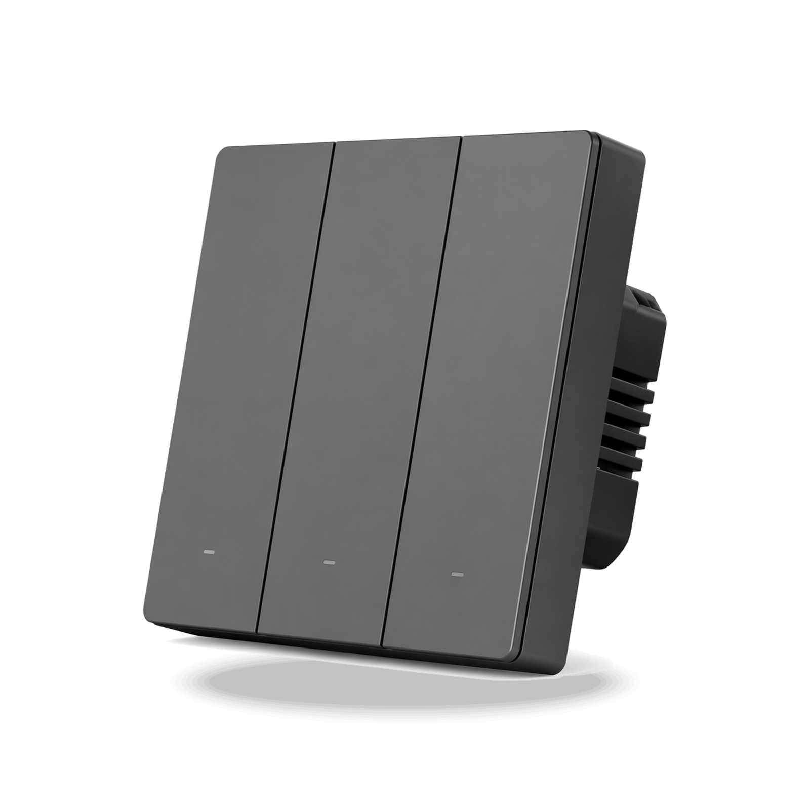 Interrupteur mural NeoSwitch M5 Pro gris anthracite au format 86 avec trois boutons et voyants LED, conçu pour contrôler trois canaux d’éclairage connecté.