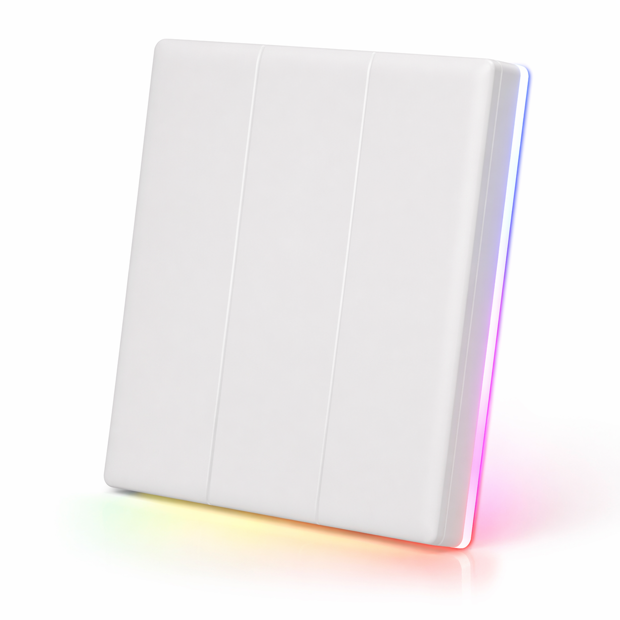 Interrupteur mural connecté blanc à 3 boutons avec rétroéclairage LED RGB multicolore, conçu pour piloter l’éclairage et les scènes domotiques d’une maison connectée.