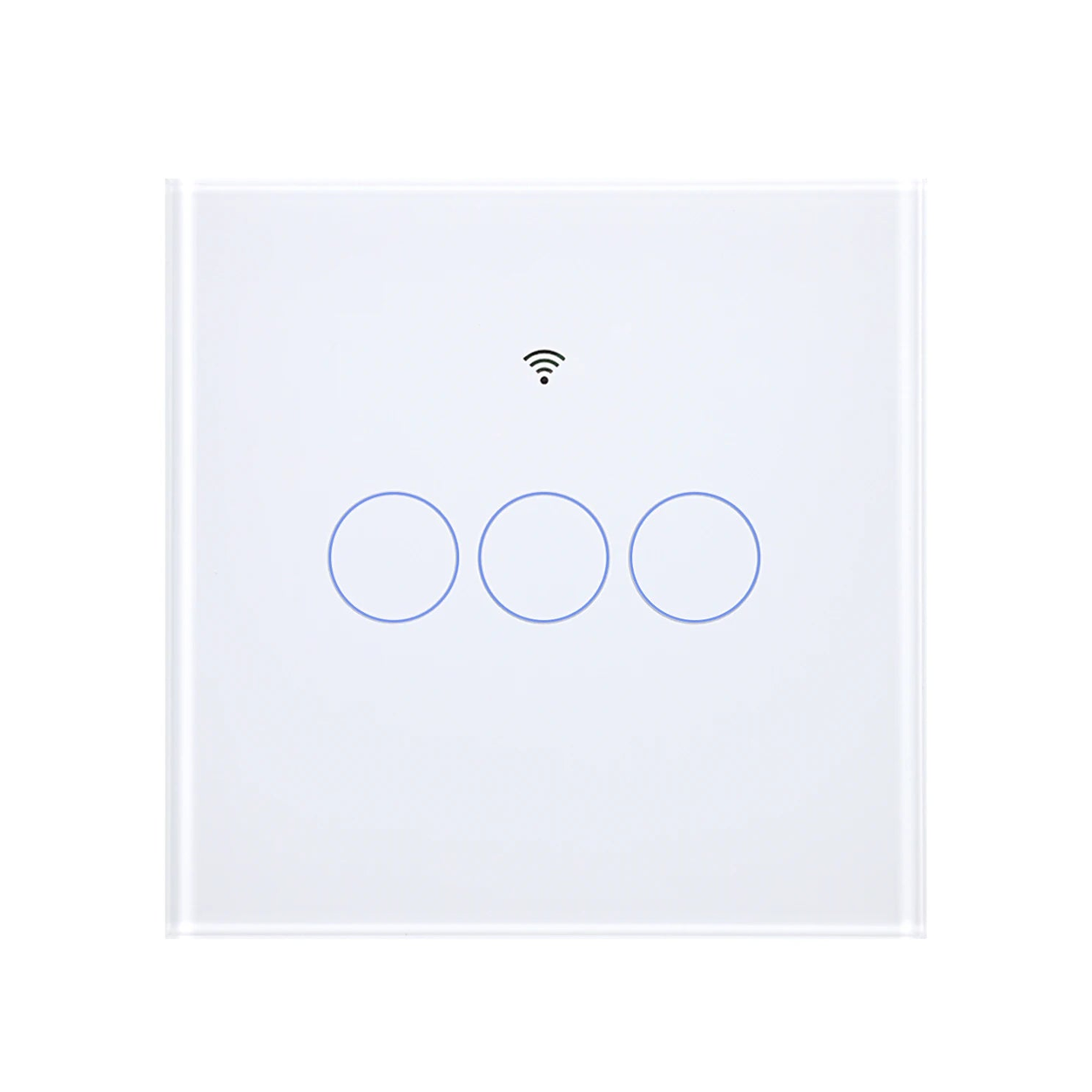 Interrupteur tactile connecté NeoGlass Matter Comfort blanc à 3 boutons, avec façade en verre et icône sans fil pour piloter l’éclairage d’une maison connectée.