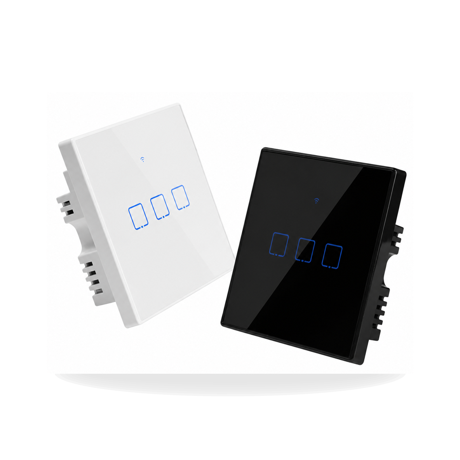 Interrupteurs tactiles connectés NeoTouch Glass T2/T3 Pro UK en verre blanc et noir, compatibles WiFi et RF433, avec 3 boutons lumineux pour contrôler l’éclairage connecté.