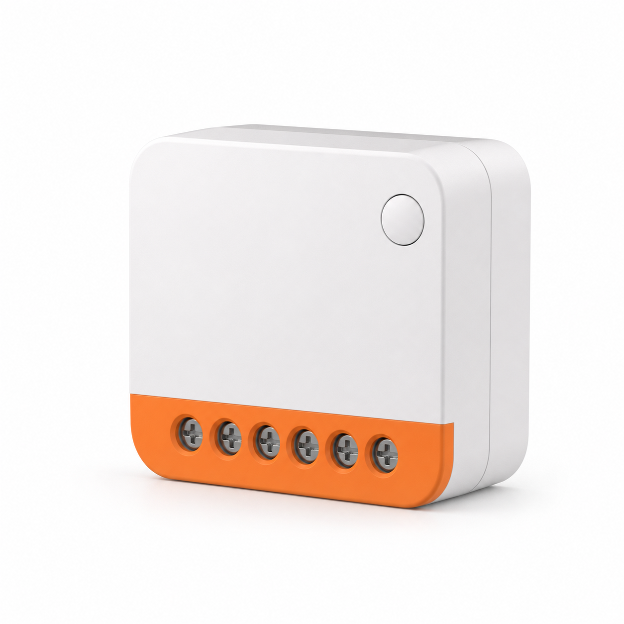 Module relais connecté WiFi compact NeoRelay Mini R4 Pro blanc avec bornier orange à six vis et bouton de configuration sur fond blanc