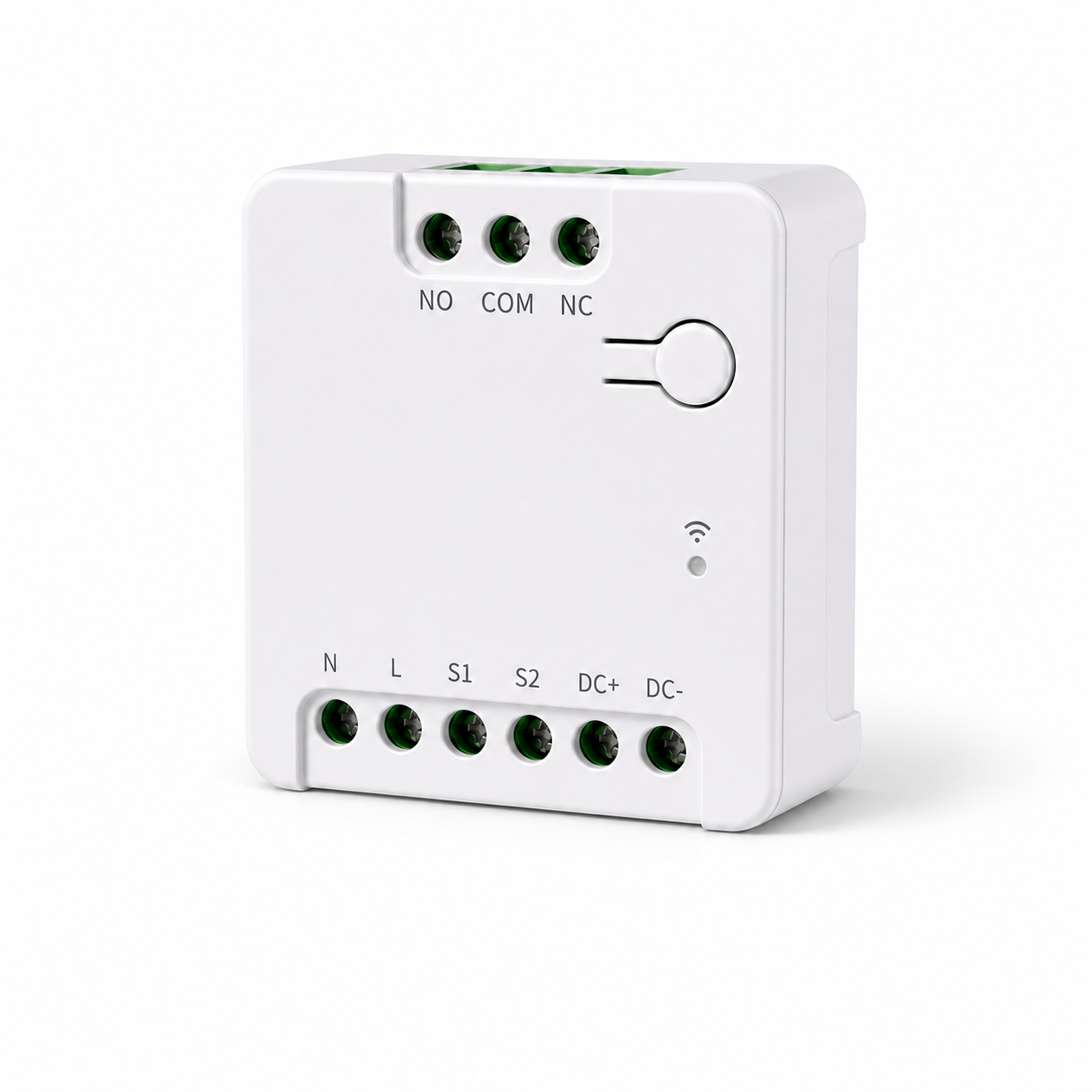 Module relais connecté WiFi à contact sec blanc avec bornes NO, COM, NC, N, L, S1, S2, DC+ et DC- sur fond blanc