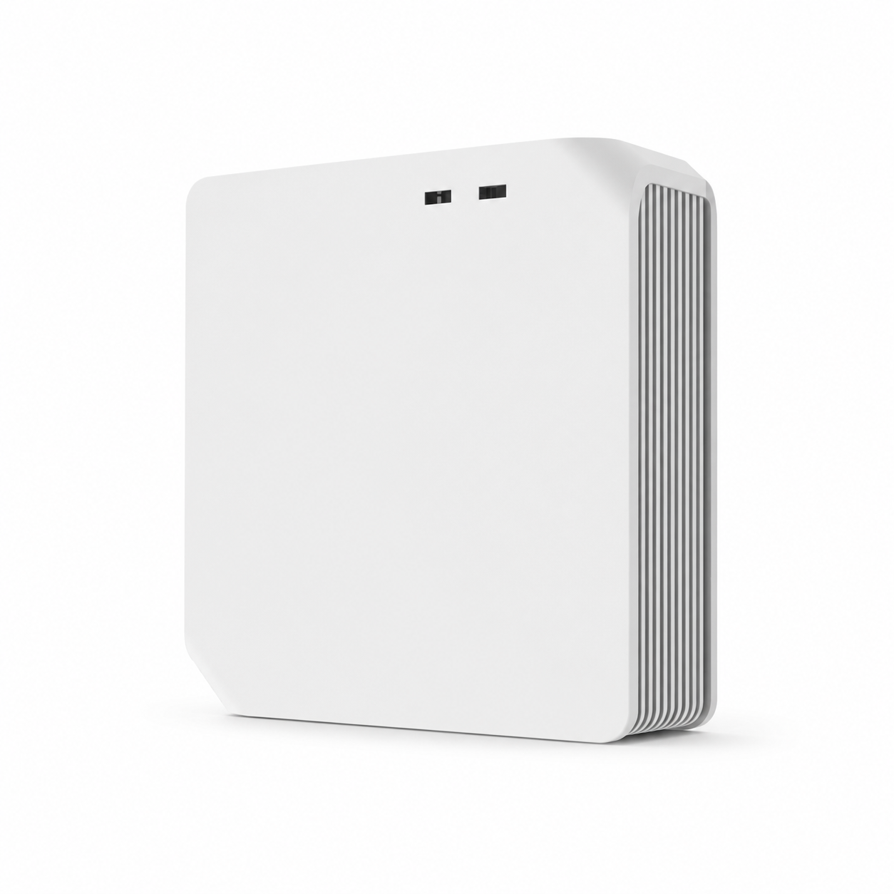 Passerelle RF 433 MHz domotique blanche avec boîtier compact à ailettes sur fond blanc