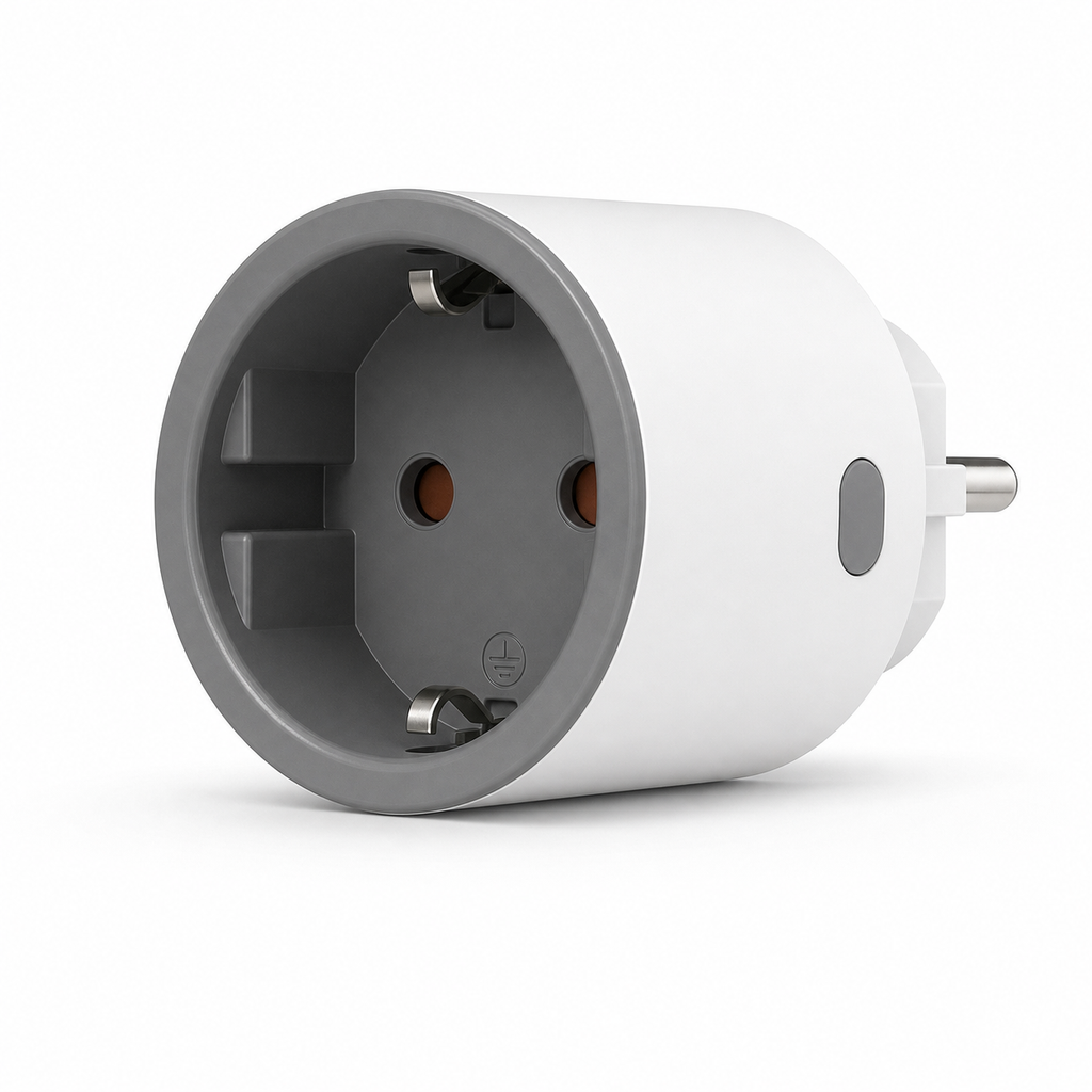 Prise connectée Type F NeoPlug S60 Pack Pro blanche et grise avec bouton latéral, contacts de terre et fiche européenne sur fond blanc