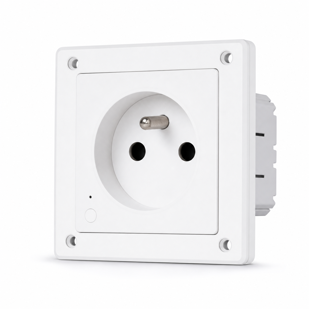Prise murale connectée Type E NeoPlug Wall Matter Pro blanche encastrable avec broche de terre, bouton de configuration et voyant LED sur fond blanc