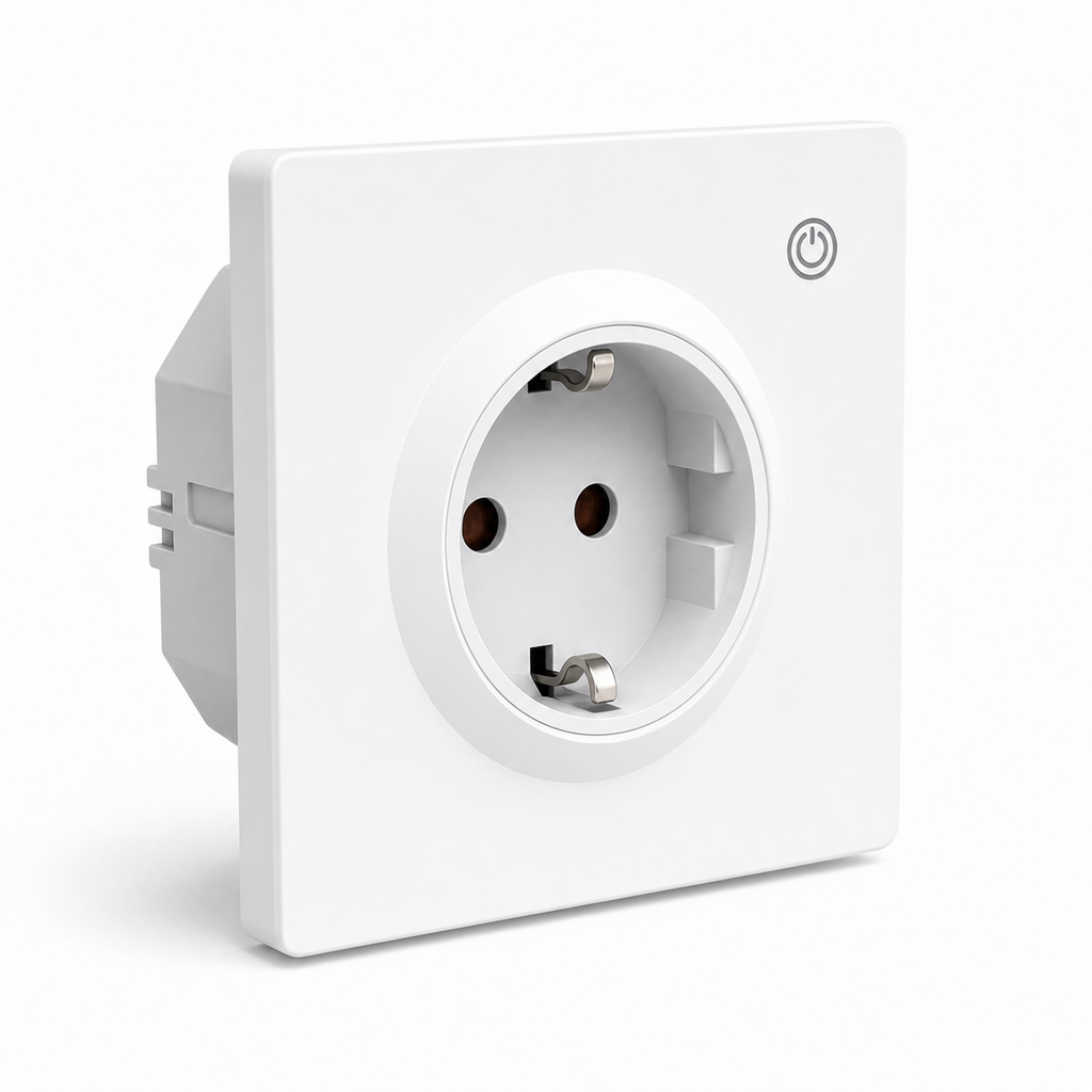 Prise murale connectée Type F NeoPlug Wall Pro blanche avec bouton marche arrêt, contacts de terre et design encastrable sur fond blanc