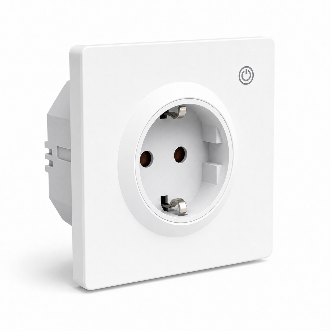 Prise murale connectée Type F NeoPlug Wall Pro blanche avec bouton marche arrêt, contacts de terre et design encastrable sur fond blanc