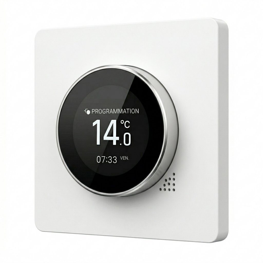 Thermostat mural NeoHalo Comfort blanc avec écran rond noir, molette de réglage et affichage digital de la température.