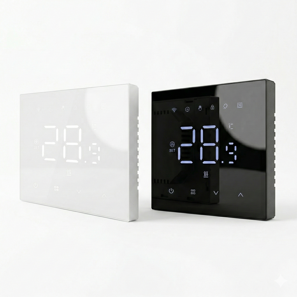 Thermostats connectés muraux NeoStat Essential WiFi en versions blanche et noire avec écran LED affichant 28,3 °C, commandes tactiles et icônes WiFi