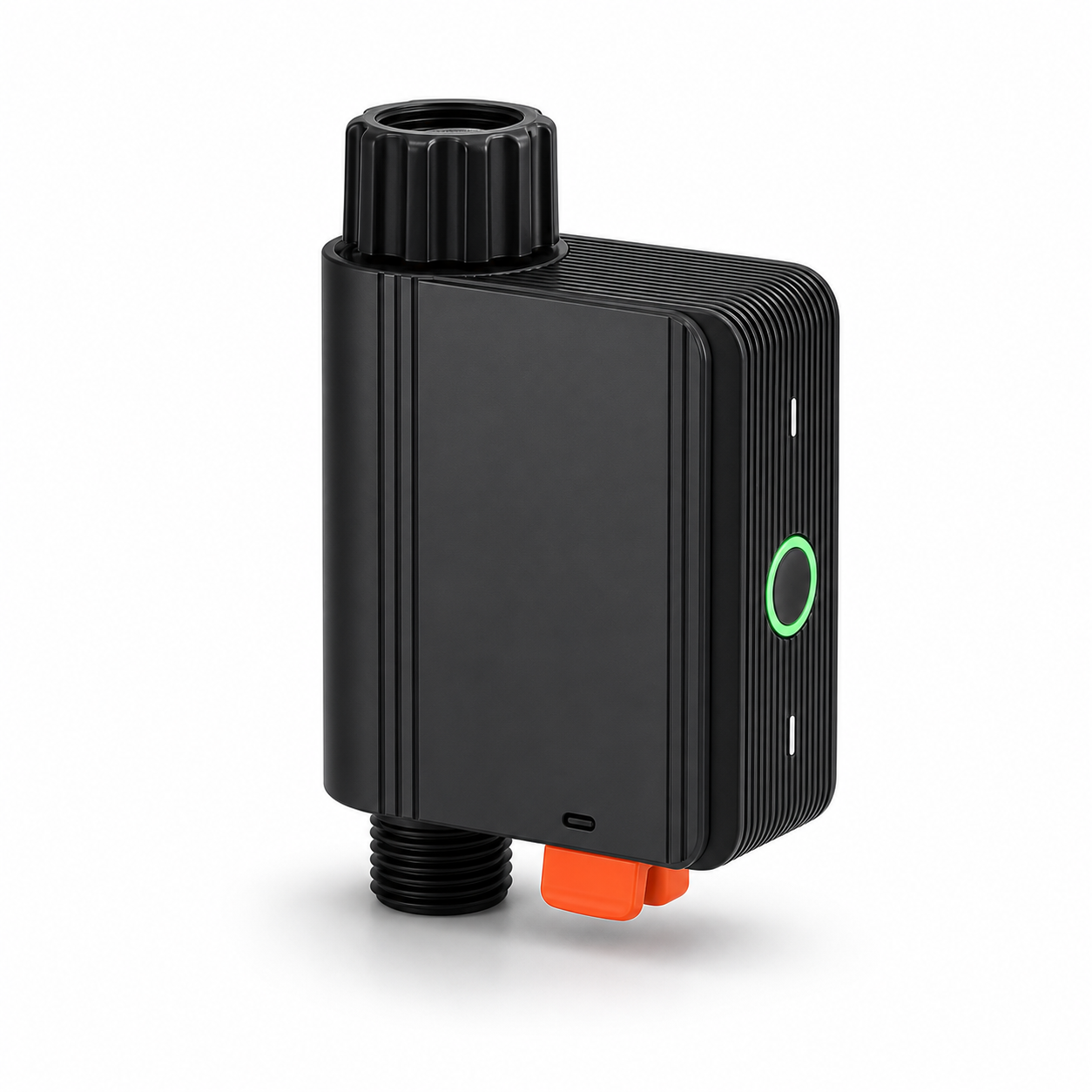 Vanne d’arrosage connectée NeoGarden Valve Pro noire avec raccord NH, bouton vert, connecteur fileté et élément orange sur fond blanc