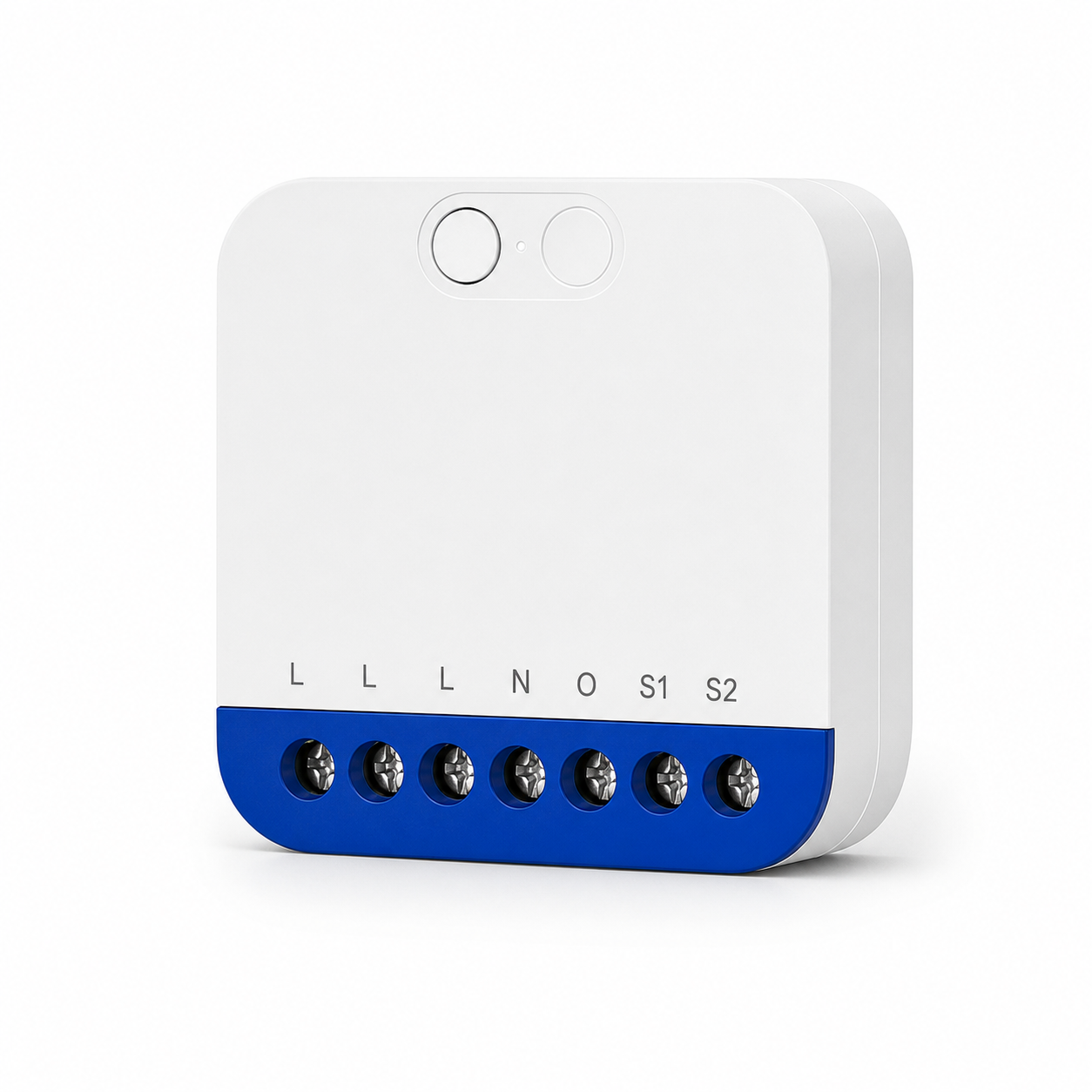 Variateur d’éclairage connecté NeoDim Mini Pro blanc avec bornier bleu, bornes L, N, O, S1 et S2, boutons de configuration sur fond blanc